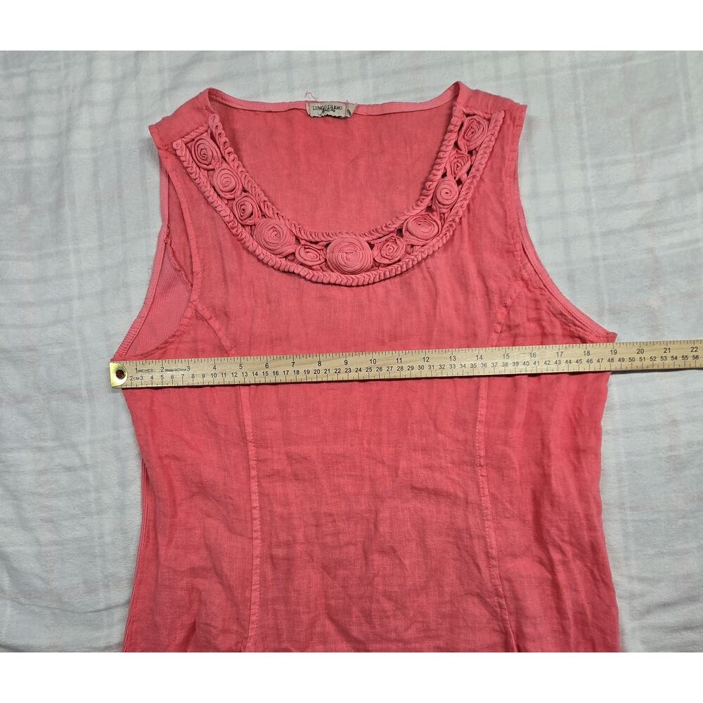 Lungo L'arno Sleeveless Shift Dress 3D Floral Neckline Pockets 100% Linen Pink L - Picture 5 of 8